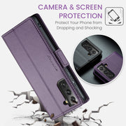 For Samsung Galaxy S21 FE 5G CaseMe 023 Butterfly Buckle Litchi Texture RFID Anti-theft Leather Phone Case(Pearly Purple)