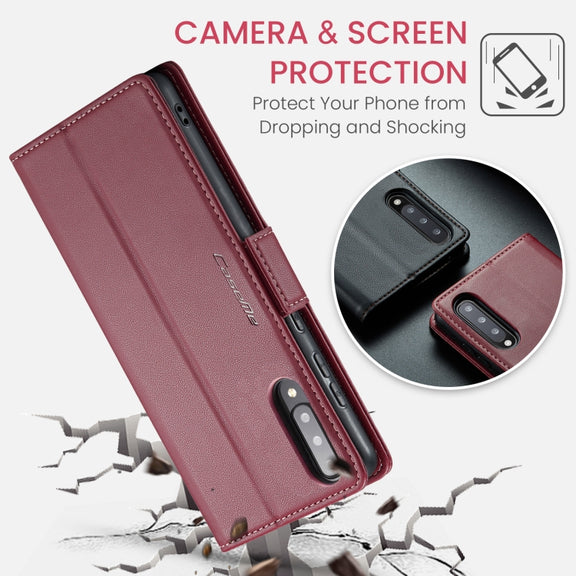 For Samsung Galaxy A30s / A50s / A50 CaseMe 023 Butterfly Buckle Litchi Texture RFID Anti-theft Leather Phone Case(Wine Red)