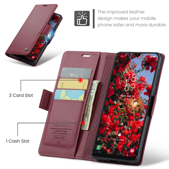 For Samsung Galaxy A30s / A50s / A50 CaseMe 023 Butterfly Buckle Litchi Texture RFID Anti-theft Leather Phone Case(Wine Red)