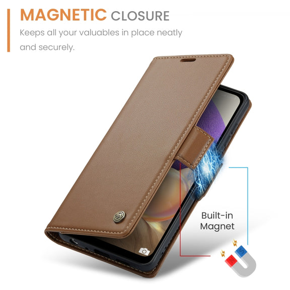 For Samsung Galaxy A32 5G / M32 5G CaseMe 023 Butterfly Buckle Litchi Texture RFID Anti-theft Leather Phone Case(Brown)
