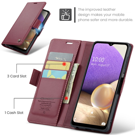 For Samsung Galaxy A32 5G / M32 5G CaseMe 023 Butterfly Buckle Litchi Texture RFID Anti-theft Leather Phone Case(Wine Red)