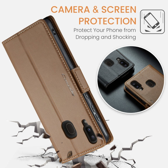 For Samsung Galaxy A40 CaseMe 023 Butterfly Buckle Litchi Texture RFID Anti-theft Leather Phone Case(Brown)