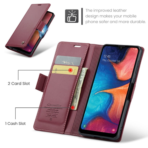 For Samsung Galaxy A40 CaseMe 023 Butterfly Buckle Litchi Texture RFID Anti-theft Leather Phone Case(Wine Red)
