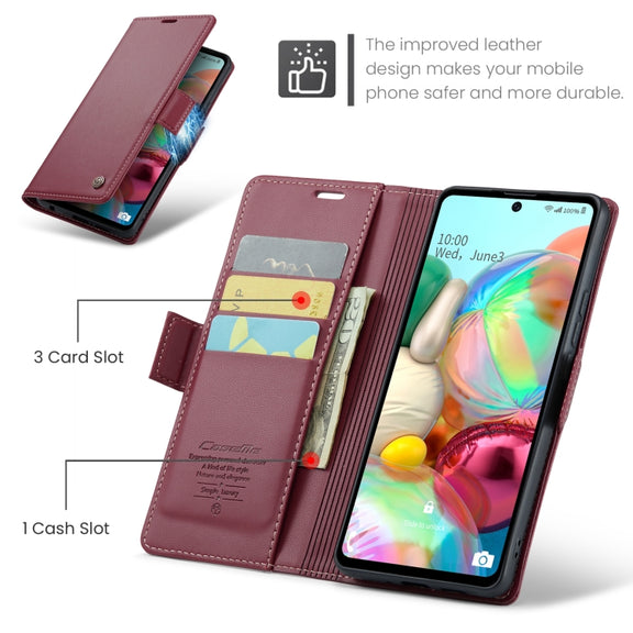 For Samsung Galaxy A71 4G CaseMe 023 Butterfly Buckle Litchi Texture RFID Anti-theft Leather Phone Case(Wine Red)