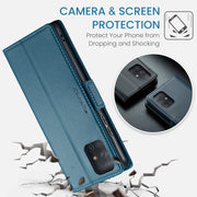 For Samsung Galaxy A71 4G CaseMe 023 Butterfly Buckle Litchi Texture RFID Anti-theft Leather Phone Case(Blue)