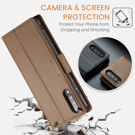 For Samsung Galaxy A70/A70s CaseMe 023 Butterfly Buckle Litchi Texture RFID Anti-theft Leather Phone Case(Brown)