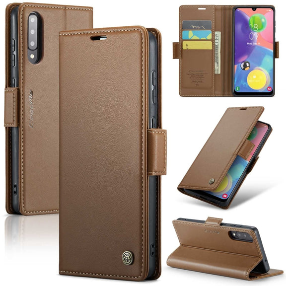 For Samsung Galaxy A70/A70s CaseMe 023 Butterfly Buckle Litchi Texture RFID Anti-theft Leather Phone Case(Brown)