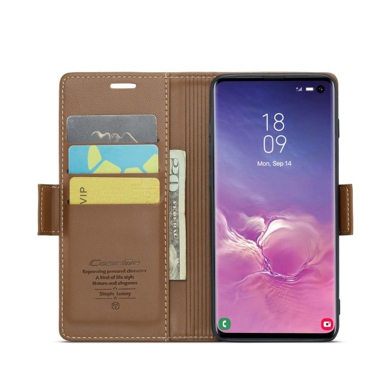 For Samsung Galaxy S10 CaseMe 023 Butterfly Buckle Litchi Texture RFID Anti-theft Leather Phone Case(Brown)