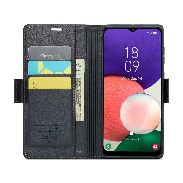 For Samsung Galaxy A22 5G CaseMe 023 Butterfly Buckle Litchi Texture RFID Anti-theft Leather Phone Case(Black) - free shipping - PMC Jewellery - Order now!