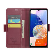 For Samsung Galaxy A14 4G/5G CaseMe 023 Butterfly Buckle Litchi Texture RFID Anti-theft Leather Phone Case(Wine Red)