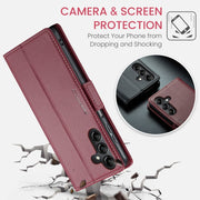 For Samsung Galaxy A14 4G/5G CaseMe 023 Butterfly Buckle Litchi Texture RFID Anti-theft Leather Phone Case(Wine Red)