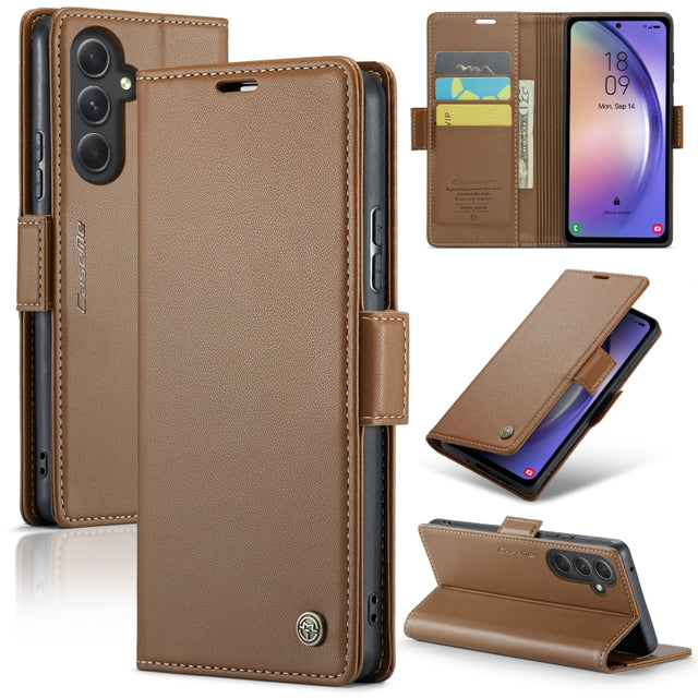 For Samsung Galaxy A54 5G CaseMe 023 Butterfly Buckle Litchi Texture RFID Anti-theft Leather Phone Case(Brown)