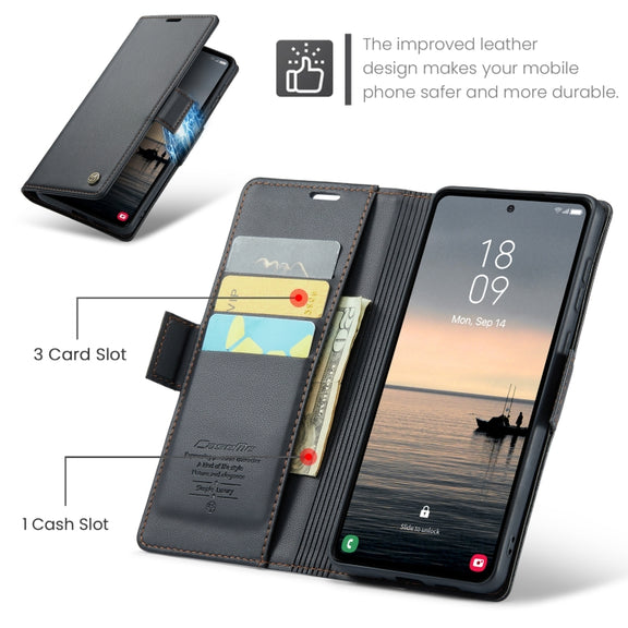 For Samsung Galaxy S23 FE 5G CaseMe 023 Butterfly Buckle Litchi Texture RFID Anti-theft Leather Phone Case(Black)