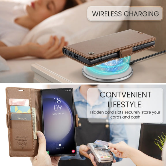 For Samsung Galaxy S24 Ultra CaseMe 023 Butterfly Buckle Litchi Texture RFID Anti-theft Leather Phone Case(Brown)