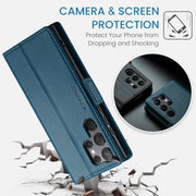 For Samsung Galaxy S24 Ultra CaseMe 023 Butterfly Buckle Litchi Texture RFID Anti-theft Leather Phone Case(Blue)