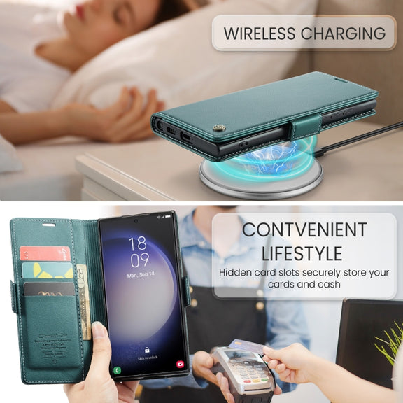 For Samsung Galaxy S24 Ultra CaseMe 023 Butterfly Buckle Litchi Texture RFID Anti-theft Leather Phone Case(Pearly Blue)