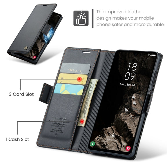 For Samsung Galaxy A05s CaseMe 023 Butterfly Buckle Litchi Texture RFID Anti-theft Leather Phone Case(Black)