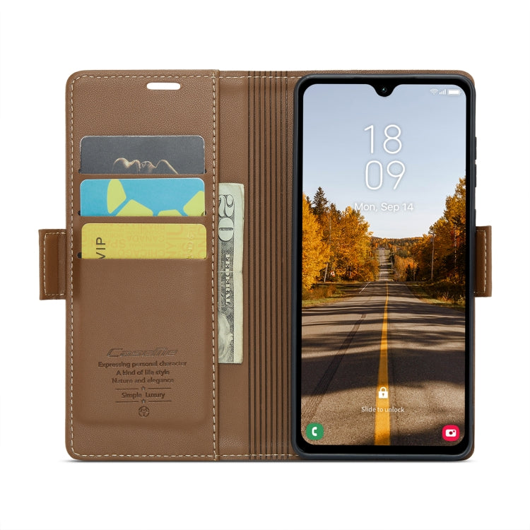 For Samsung Galaxy A05s CaseMe 023 Butterfly Buckle Litchi Texture RFID Anti-theft Leather Phone Case(Brown)