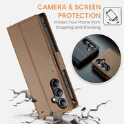 For Samsung Galaxy A05s CaseMe 023 Butterfly Buckle Litchi Texture RFID Anti-theft Leather Phone Case(Brown)