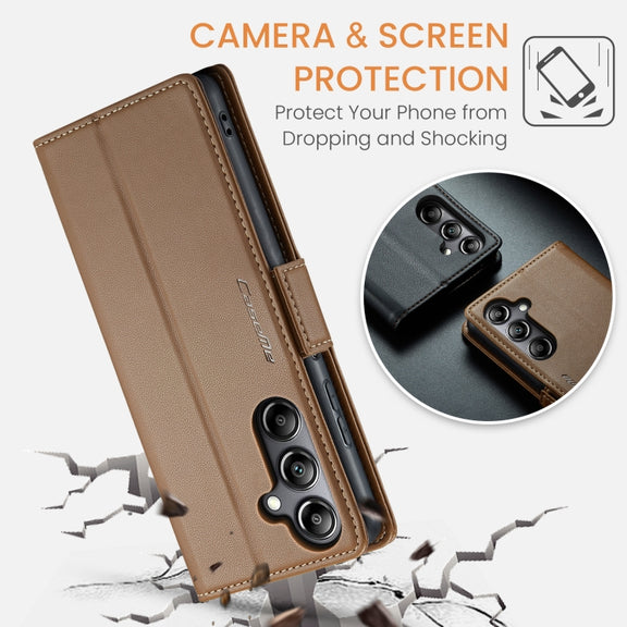For Samsung Galaxy A05s CaseMe 023 Butterfly Buckle Litchi Texture RFID Anti-theft Leather Phone Case(Brown)