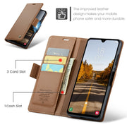 For Samsung Galaxy A05s CaseMe 023 Butterfly Buckle Litchi Texture RFID Anti-theft Leather Phone Case(Brown)