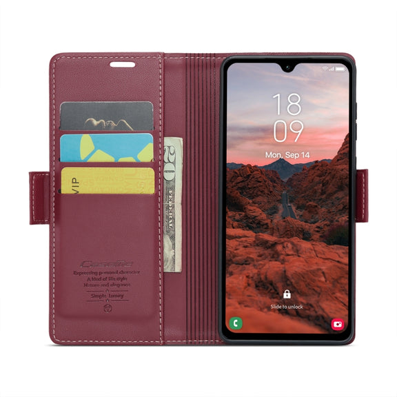 For Samsung Galaxy A05s CaseMe 023 Butterfly Buckle Litchi Texture RFID Anti-theft Leather Phone Case(Wine Red)