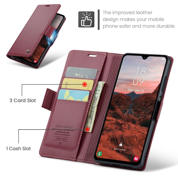 For Samsung Galaxy A05s CaseMe 023 Butterfly Buckle Litchi Texture RFID Anti-theft Leather Phone Case(Wine Red)