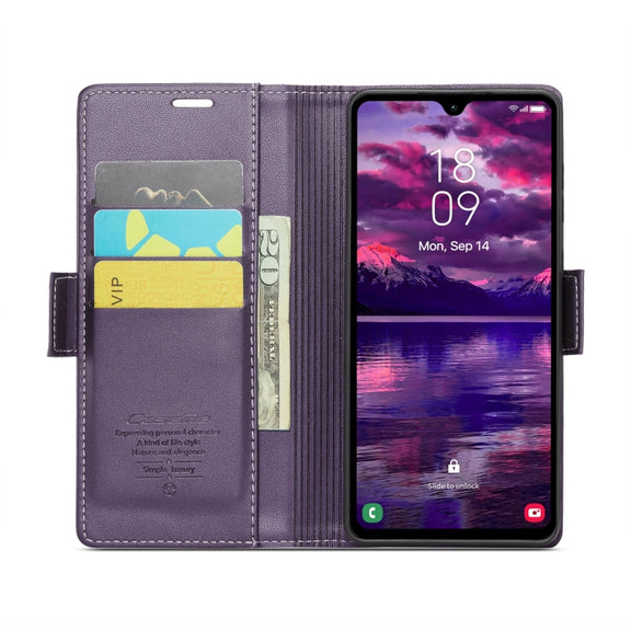 For Samsung Galaxy A05s CaseMe 023 Butterfly Buckle Litchi Texture RFID Anti-theft Leather Phone Case(Pearly Purple)