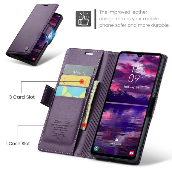 For Samsung Galaxy A05s CaseMe 023 Butterfly Buckle Litchi Texture RFID Anti-theft Leather Phone Case(Pearly Purple)