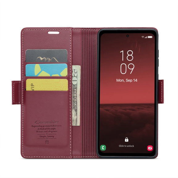 For Samsung Galaxy A35 5G CaseMe 023 Butterfly Buckle Litchi Texture RFID Anti-theft Leather Phone Case(Wine Red)