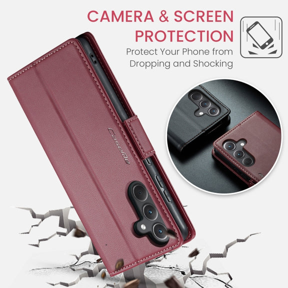 For Samsung Galaxy A35 5G CaseMe 023 Butterfly Buckle Litchi Texture RFID Anti-theft Leather Phone Case(Wine Red)