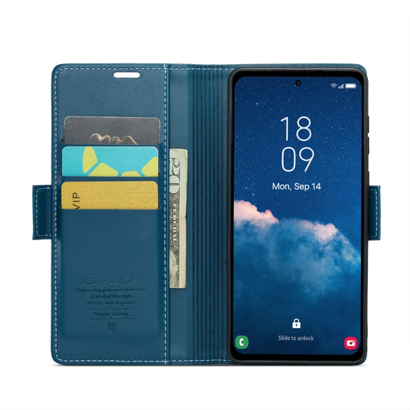For Samsung Galaxy A35 5G CaseMe 023 Butterfly Buckle Litchi Texture RFID Anti-theft Leather Phone Case(Blue)