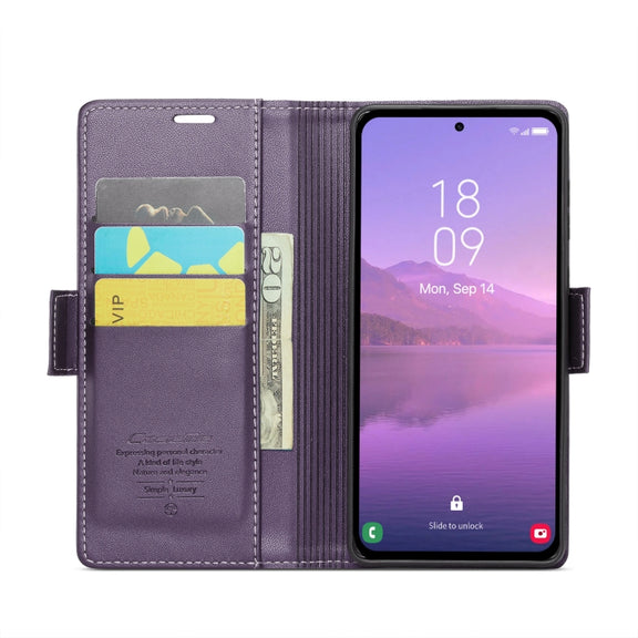 For Samsung Galaxy A35 5G CaseMe 023 Butterfly Buckle Litchi Texture RFID Anti-theft Leather Phone Case(Pearly Purple)