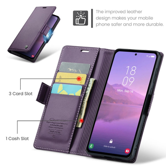 For Samsung Galaxy A35 5G CaseMe 023 Butterfly Buckle Litchi Texture RFID Anti-theft Leather Phone Case(Pearly Purple)