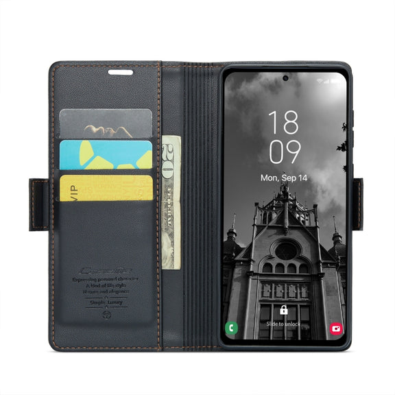 For Samsung Galaxy A55 CaseMe 023 Butterfly Buckle Litchi Texture RFID Anti-theft Leather Phone Case(Black)