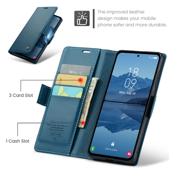 For Samsung Galaxy A55 CaseMe 023 Butterfly Buckle Litchi Texture RFID Anti-theft Leather Phone Case(Blue)