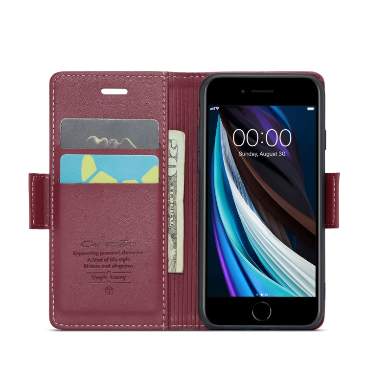 For iPhone SE 2022/SE 2020/6/7/8 CaseMe 023 Butterfly Buckle Litchi Texture RFID Anti-theft Leather Phone Case(Wine Red)