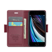 For iPhone SE 2022/SE 2020/6/7/8 CaseMe 023 Butterfly Buckle Litchi Texture RFID Anti-theft Leather Phone Case(Wine Red)