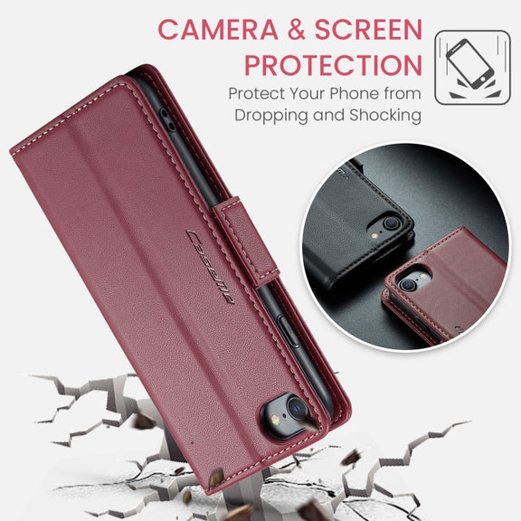 For iPhone SE 2022/SE 2020/6/7/8 CaseMe 023 Butterfly Buckle Litchi Texture RFID Anti-theft Leather Phone Case(Wine Red)
