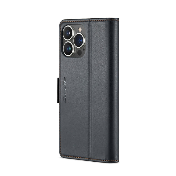 For iPhone 15 Pro Max CaseMe 023 Butterfly Buckle Litchi Texture RFID Anti-theft Leather Phone Case(Black)
