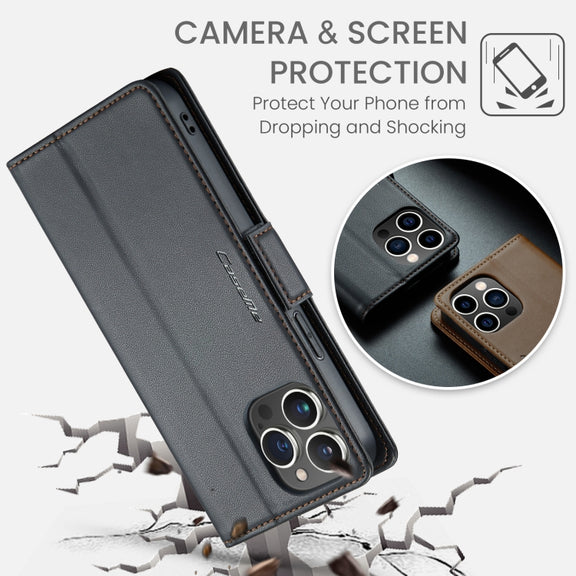 For iPhone 15 Pro Max CaseMe 023 Butterfly Buckle Litchi Texture RFID Anti-theft Leather Phone Case(Black)