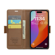 For iPhone 15 Pro Max CaseMe 023 Butterfly Buckle Litchi Texture RFID Anti-theft Leather Phone Case(Brown)