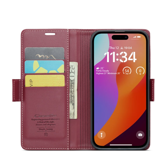 For iPhone 15 Pro Max CaseMe 023 Butterfly Buckle Litchi Texture RFID Anti-theft Leather Phone Case(Wine Red)