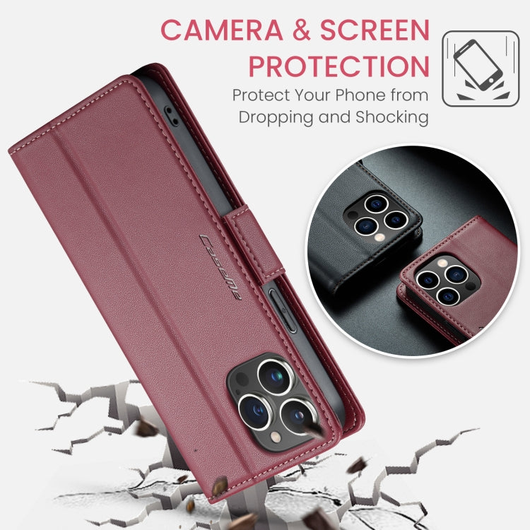 For iPhone 15 Pro Max CaseMe 023 Butterfly Buckle Litchi Texture RFID Anti-theft Leather Phone Case(Wine Red)