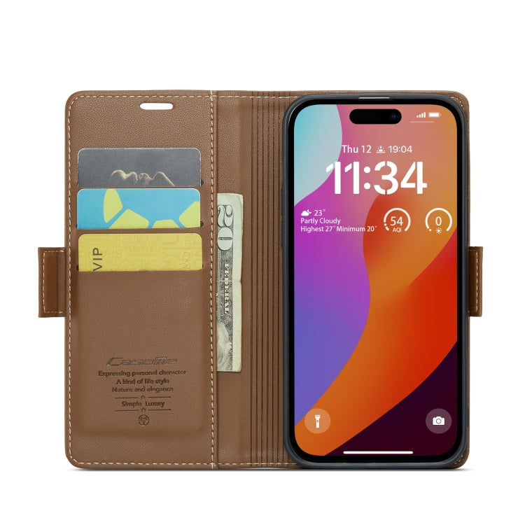 For iPhone 15 Pro CaseMe 023 Butterfly Buckle Litchi Texture RFID Anti-theft Leather Phone Case(Brown)
