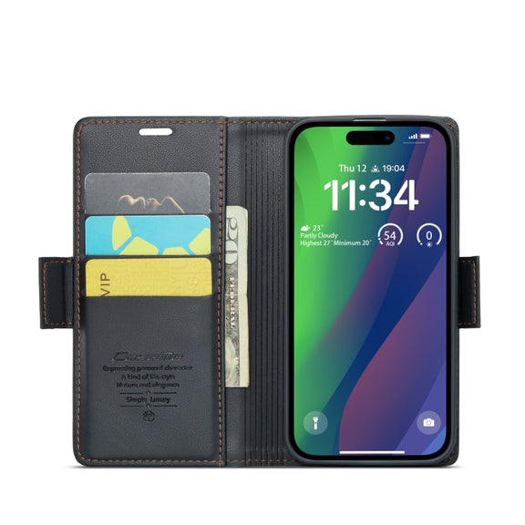 For iPhone 15 CaseMe 023 Butterfly Buckle Litchi Texture RFID Anti-theft Leather Phone Case(Black)