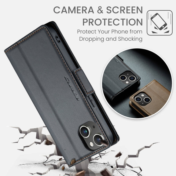 For iPhone 15 CaseMe 023 Butterfly Buckle Litchi Texture RFID Anti-theft Leather Phone Case(Black)