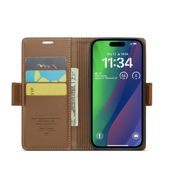 For iPhone 15 CaseMe 023 Butterfly Buckle Litchi Texture RFID Anti-theft Leather Phone Case(Brown)