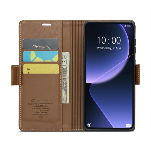 For Xiaomi 13T/13T Pro CaseMe 023 Butterfly Buckle Litchi Texture RFID Anti-theft Leather Phone Case(Brown)