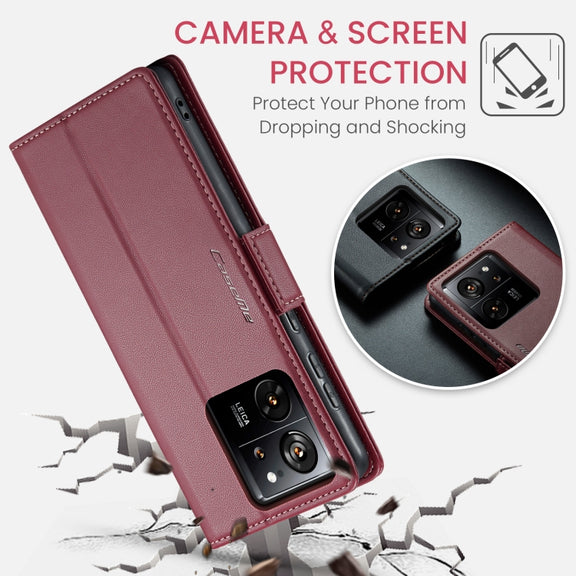 For Xiaomi 13T/13T Pro CaseMe 023 Butterfly Buckle Litchi Texture RFID Anti-theft Leather Phone Case(Wine Red)